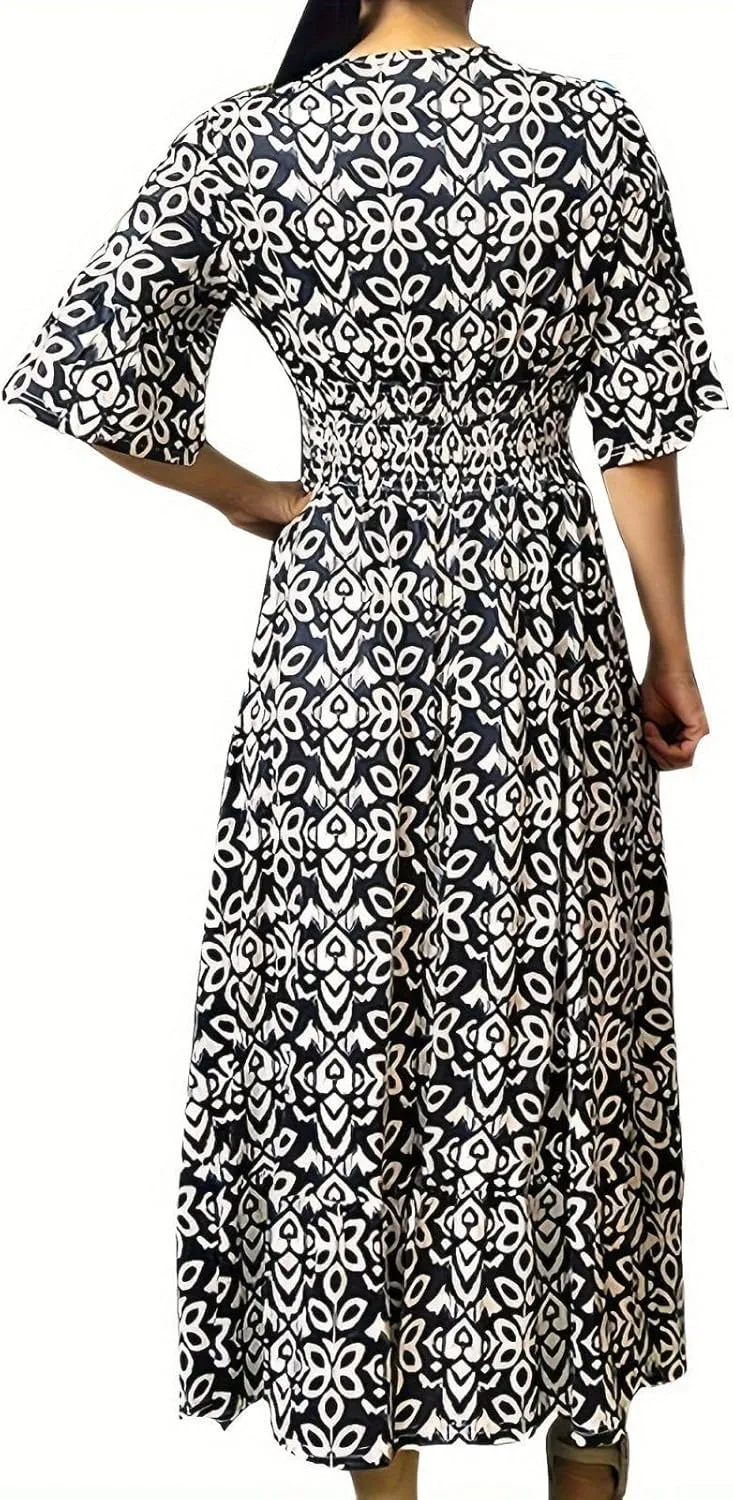 Boho Floral Dress for Women V Neck Wrap Midi Dress Plus Size Casual Flowy Summer Bohemian Dress