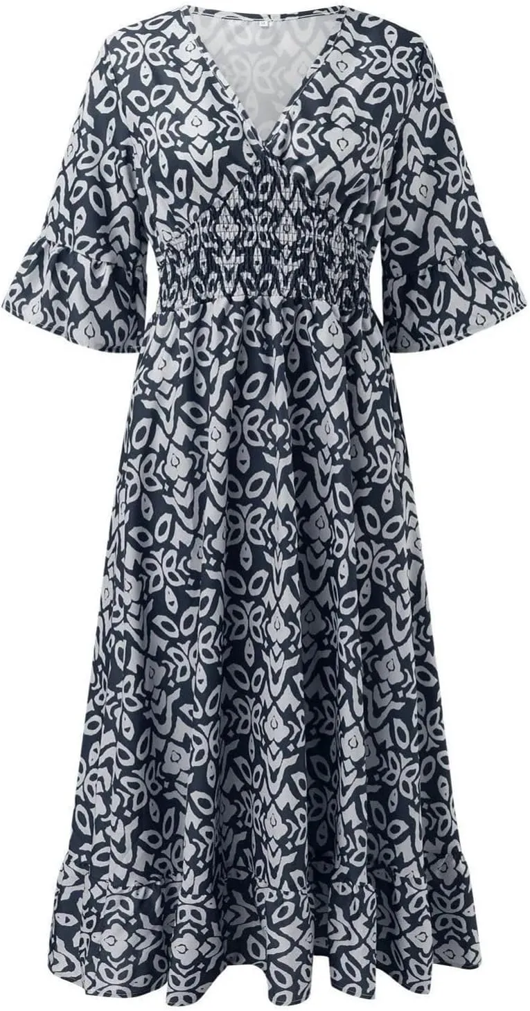 Boho Floral Dress for Women V Neck Wrap Midi Dress Plus Size Casual Flowy Summer Bohemian Dress