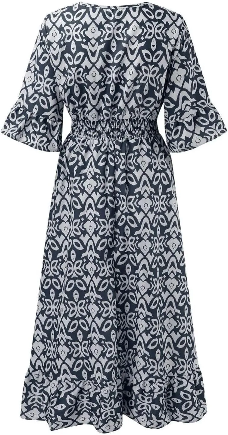 Boho Floral Dress for Women V Neck Wrap Midi Dress Plus Size Casual Flowy Summer Bohemian Dress