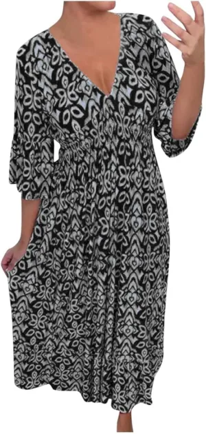 Boho Floral Dress for Women V Neck Wrap Midi Dress Plus Size Casual Flowy Summer Bohemian Dress