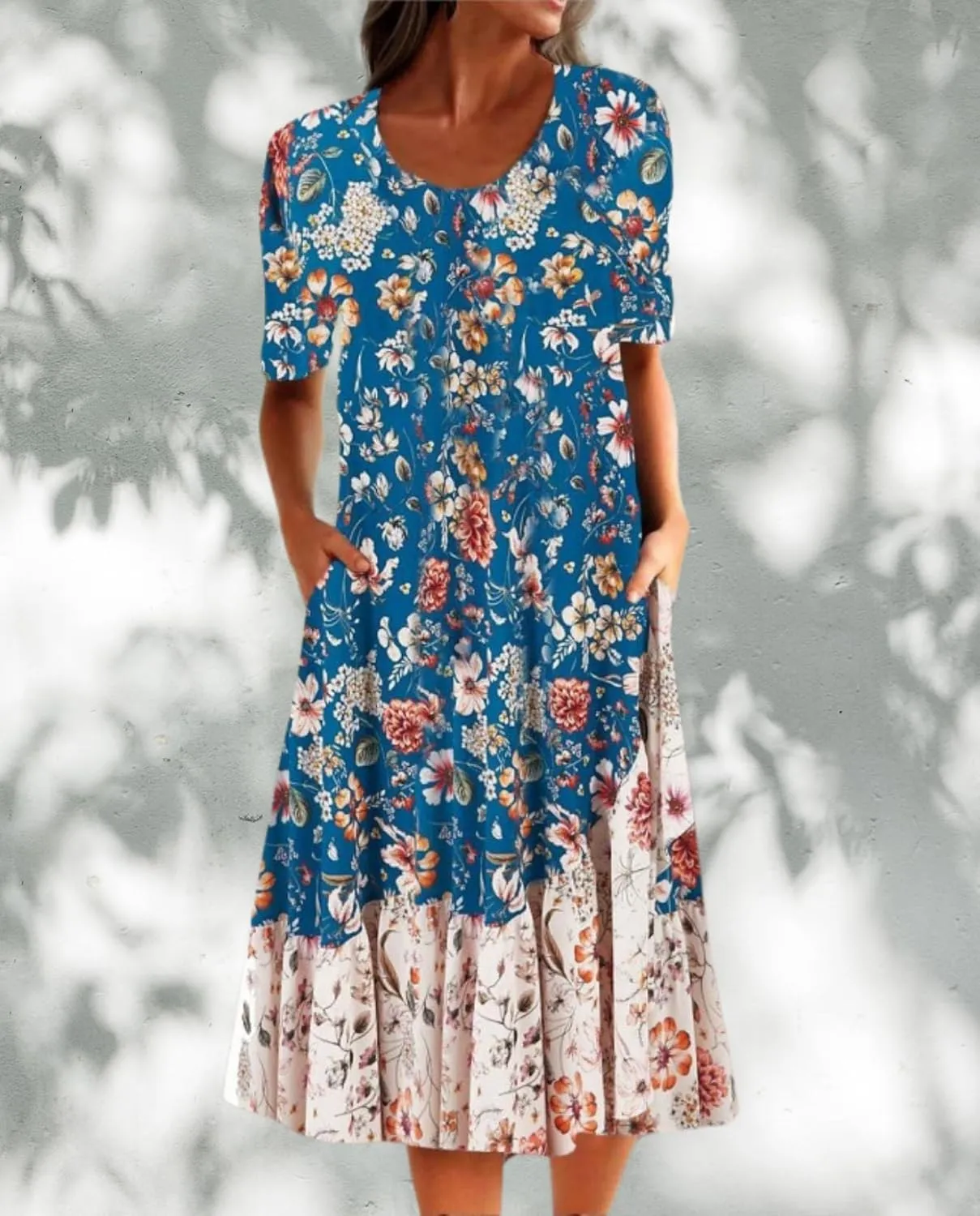 Boho Floral Maxi Dress for Women Casual Loose Summer Short Sleeve Beach Vacation Dresses with Pockets