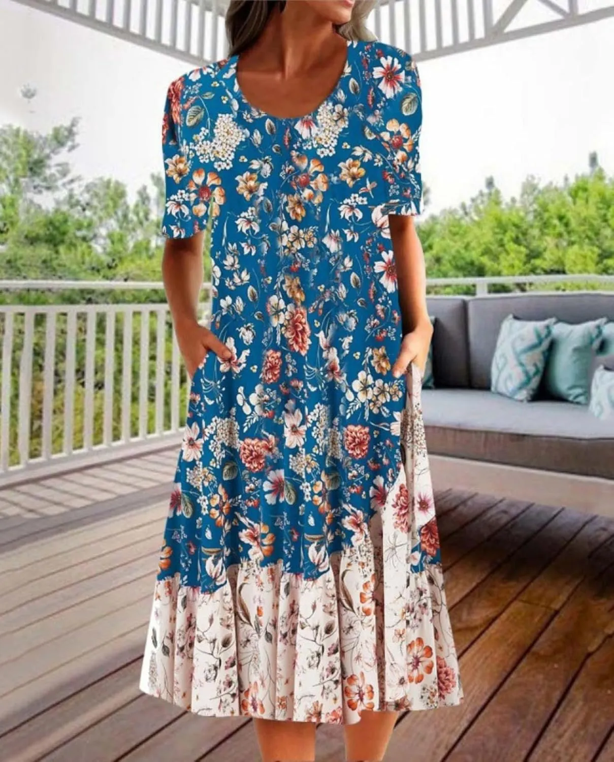 Boho Floral Maxi Dress for Women Casual Loose Summer Short Sleeve Beach Vacation Dresses with Pockets