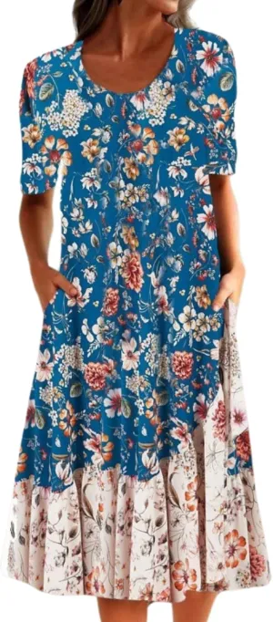 Boho Floral Maxi Dress for Women Casual Loose Summer Short Sleeve Beach Vacation Dresses with Pockets
