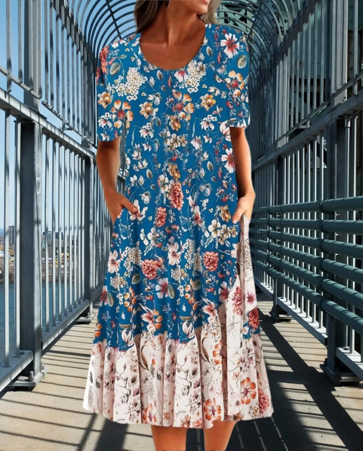 Boho Floral Maxi Dress for Women Casual Loose Summer Short Sleeve Beach Vacation Dresses with Pockets