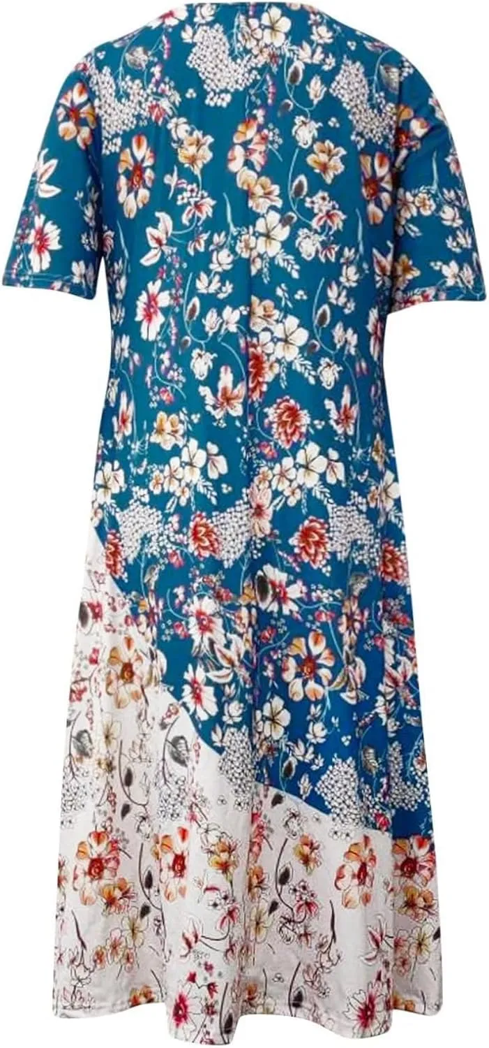 Boho Floral Maxi Dress for Women Casual Loose Summer Short Sleeve Beach Vacation Dresses with Pockets