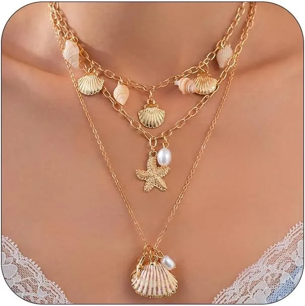 Boho Layered Starfish Conch Shell Necklace for Women, Dainty 14K Gold Seashell Pearl Choker Chain Necklaces Beach Holiday Y2K Jewelry Accessories Gifts
