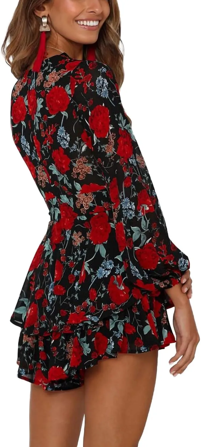 Bonkwa Women's Summer Deep V-Neck Floral Print Romper Long Baggy Sleeves Double Layer Ruffle Hem Short Jumpsuits with Belt