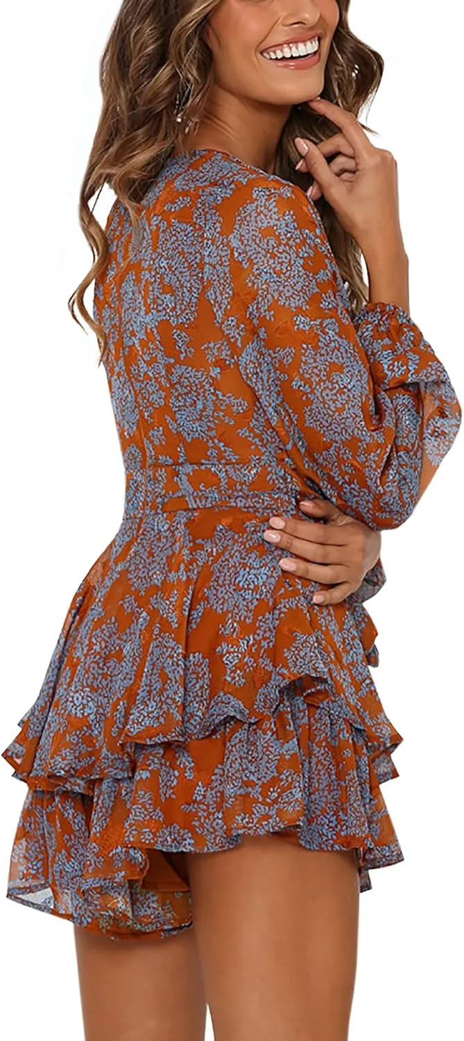 Bonkwa Women's Summer Deep V-Neck Floral Print Romper Long Baggy Sleeves Double Layer Ruffle Hem Short Jumpsuits with Belt
