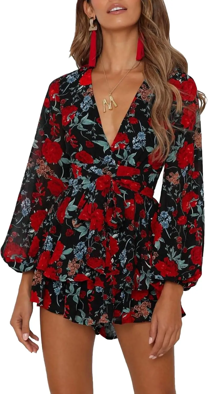 Bonkwa Women's Summer Deep V-Neck Floral Print Romper Long Baggy Sleeves Double Layer Ruffle Hem Short Jumpsuits with Belt