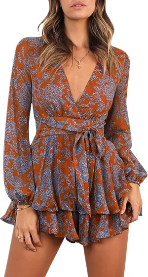 Bonkwa Women's Summer Deep V-Neck Floral Print Romper Long Baggy Sleeves Double Layer Ruffle Hem Short Jumpsuits with Belt