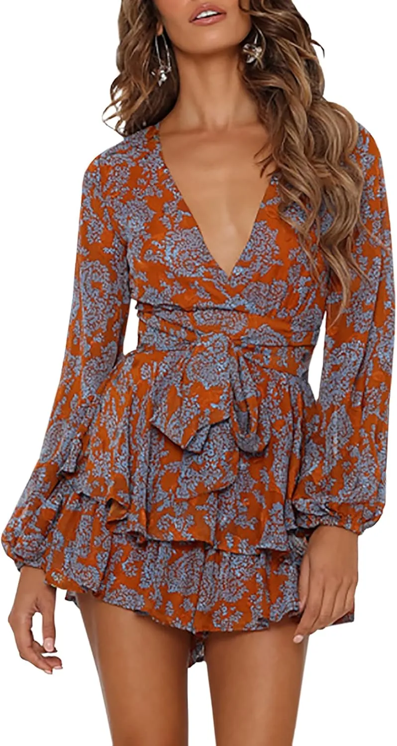 Bonkwa Women's Summer Deep V-Neck Floral Print Romper Long Baggy Sleeves Double Layer Ruffle Hem Short Jumpsuits with Belt