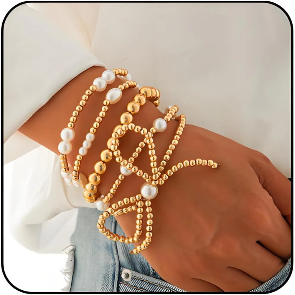 Bow Bracelet For Women, Gold Beaded Pearl Bracelets Stack Beads Trendy Bracelets Adjustable Stackable Bracelets Dainty Christmas Anniversary Birthday Jewelry Gift