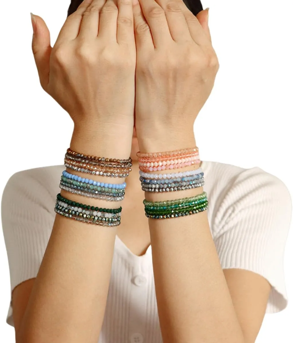BZSFW 4 Sets Bohemian Stackable Crystal Bead Bracelets for Women Colorful Glass Bracelets Stretch Multi Layered beads Bracelet Set Multicolor Jewelry