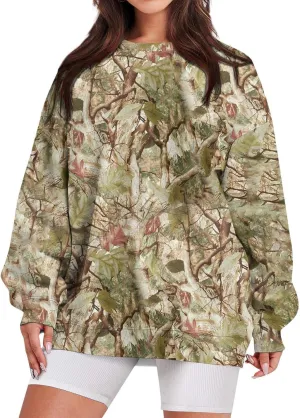 Camo Sweatshirt for Women Oversized Long Sleeve Crewneck Pullover Tops Casual Loose Fit Blouse Fashion Outdoor Clothes