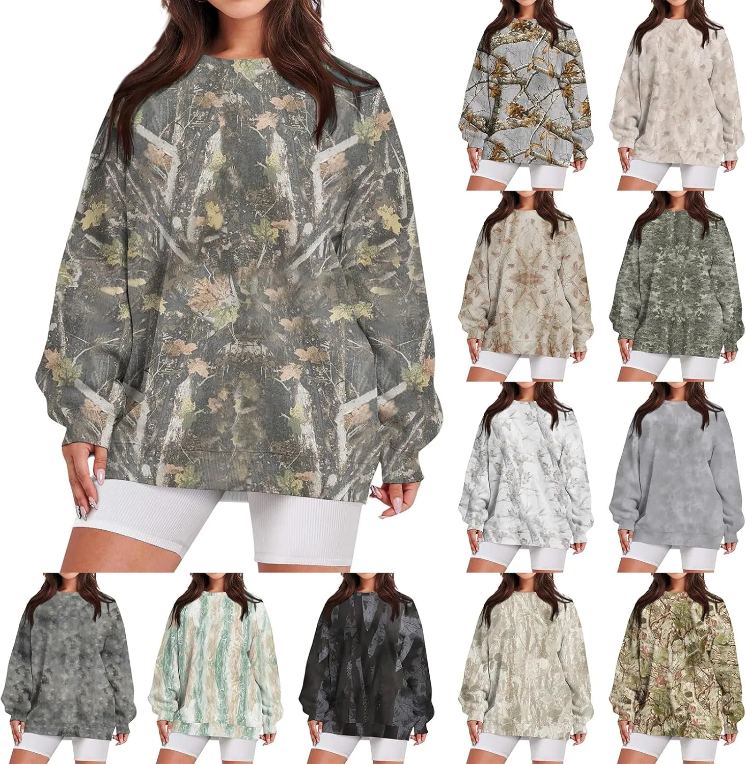 Camo Sweatshirt for Women Oversized Long Sleeve Crewneck Pullover Tops Casual Loose Fit Blouse Fashion Outdoor Clothes