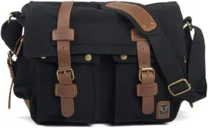 Canvas Leather Men Messenger Bag Satchel Shoulder Laptop Briefcase Travel Handbag for Men, Crossbody Computer Bag (Black)