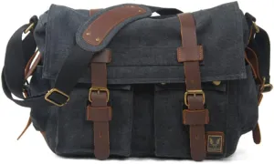Canvas Leather Men Messenger Bag Satchel Shoulder Laptop Briefcase Travel Handbag for Men, Crossbody Computer Bag (Carbon black color)