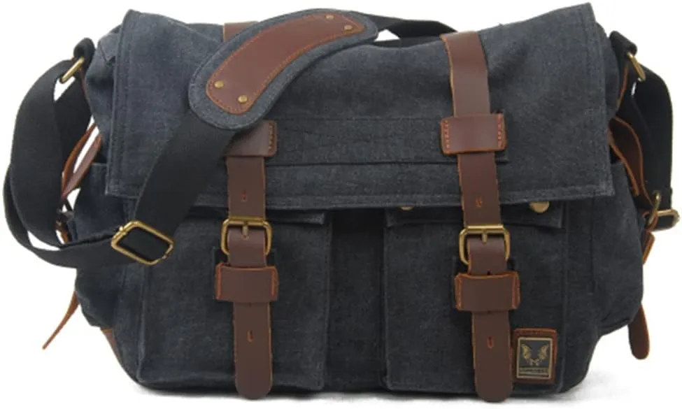 Canvas Leather Men Messenger Bag Satchel Shoulder Laptop Briefcase Travel Handbag for Men, Crossbody Computer Bag (Carbon black color)