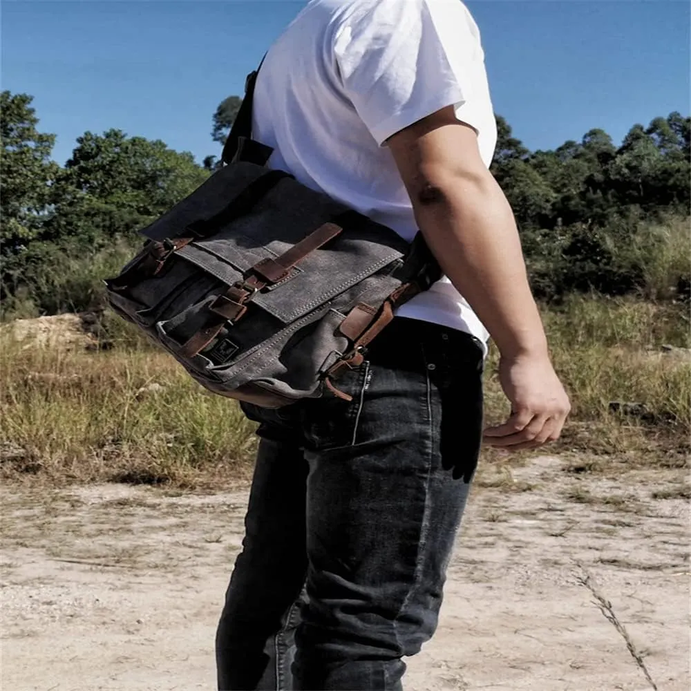 Canvas Leather Men Messenger Bag Satchel Shoulder Laptop Briefcase Travel Handbag for Men, Crossbody Computer Bag (Green)
