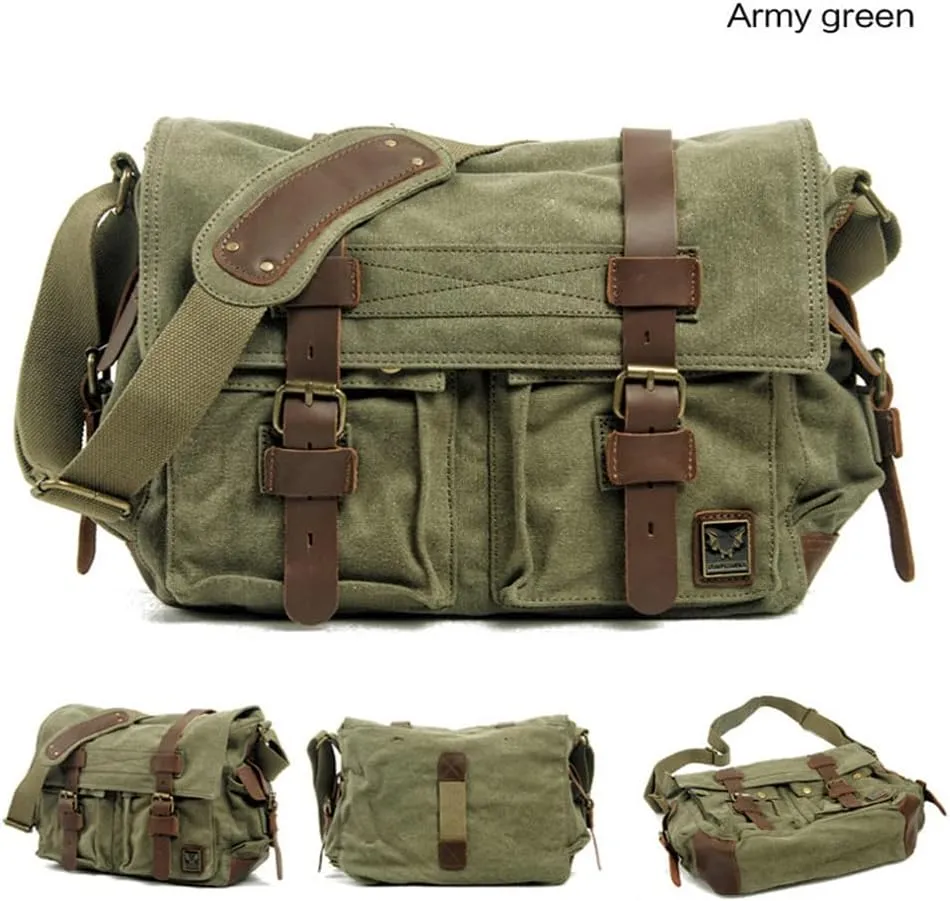 Canvas Leather Men Messenger Bag Satchel Shoulder Laptop Briefcase Travel Handbag for Men, Crossbody Computer Bag (Green)