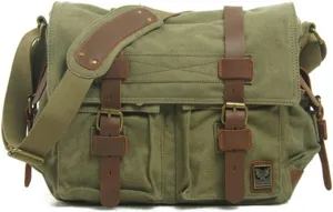 Canvas Leather Men Messenger Bag Satchel Shoulder Laptop Briefcase Travel Handbag for Men, Crossbody Computer Bag (Green)