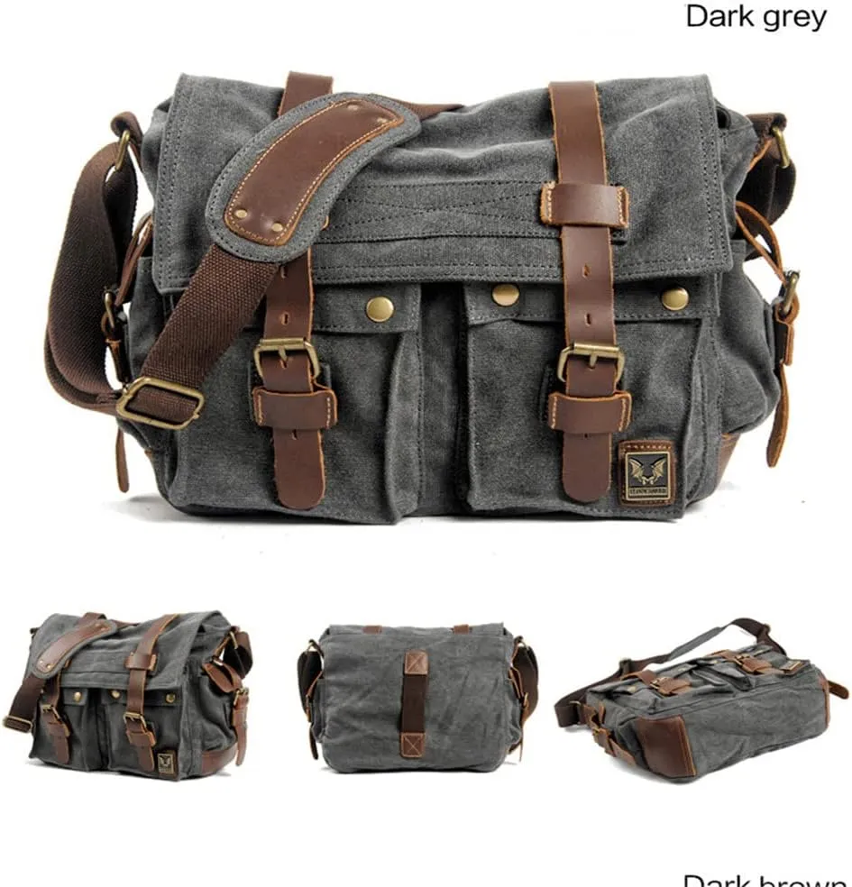 Canvas Leather Men Messenger Bag Satchel Shoulder Laptop Briefcase Travel Handbag for Men, Crossbody Computer Bag (Khaki)