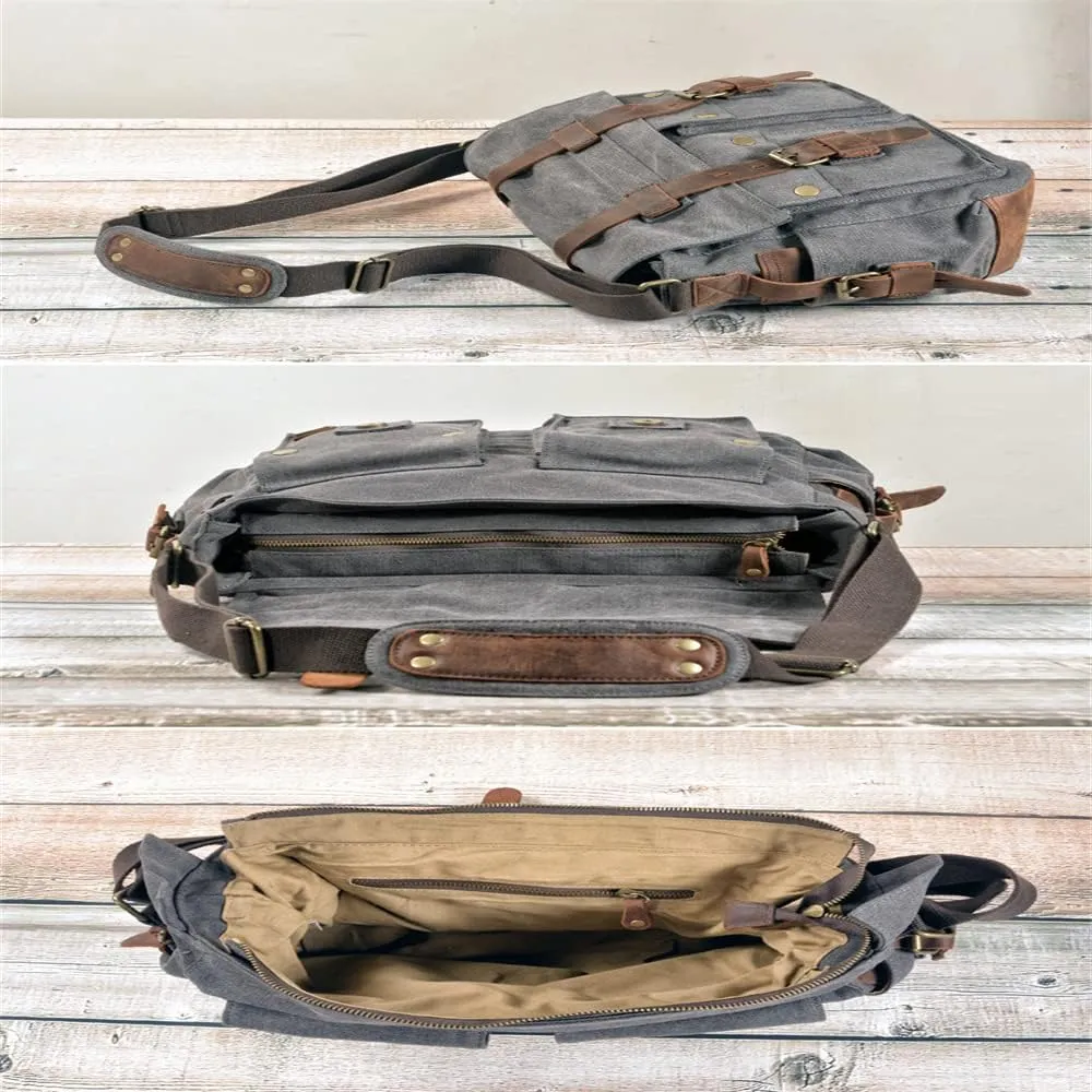 Canvas Leather Men Messenger Bag Satchel Shoulder Laptop Briefcase Travel Handbag for Men, Crossbody Computer Bag (Khaki)