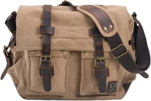 Canvas Leather Men Messenger Bag Satchel Shoulder Laptop Briefcase Travel Handbag for Men, Crossbody Computer Bag (Khaki)