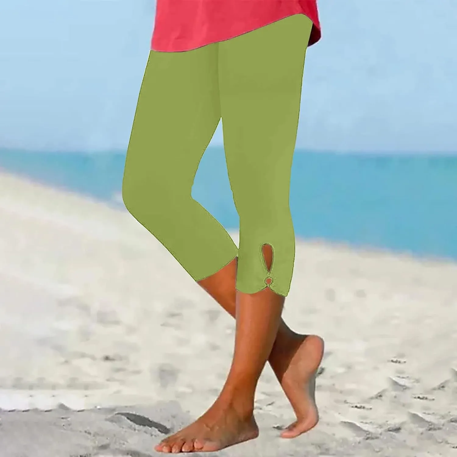 Capri Leggings for Women 2025 Summer Lace Stitching Beach Pants Elastic High Waisted Stretch Soft Cropped Trousers