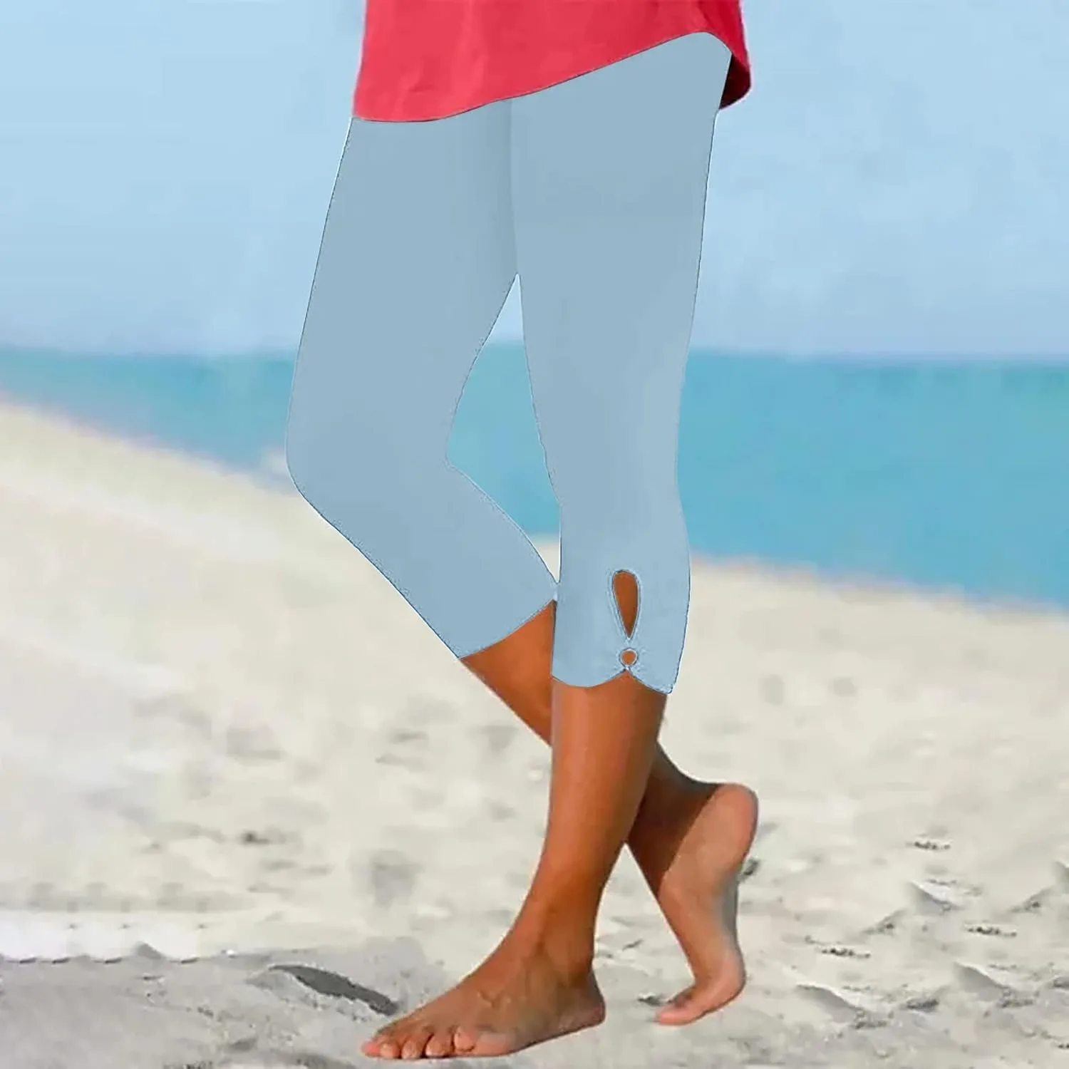 Capri Leggings for Women 2025 Summer Lace Stitching Beach Pants Elastic High Waisted Stretch Soft Cropped Trousers