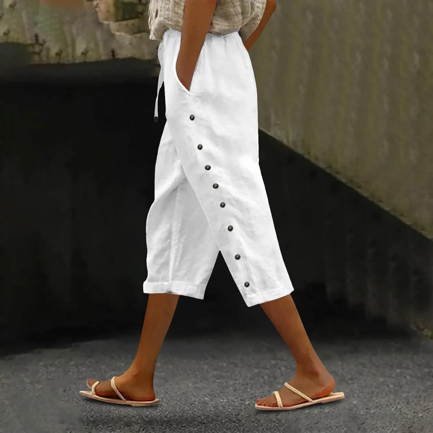 Capri Linen Pants for Women Drawstring Capri Pants with Pockets Wide Leg Cropped Pants for Capri Linen Pants for