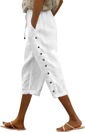 Capri Linen Pants for Women Drawstring Capri Pants with Pockets Wide Leg Cropped Pants for Capri Linen Pants for