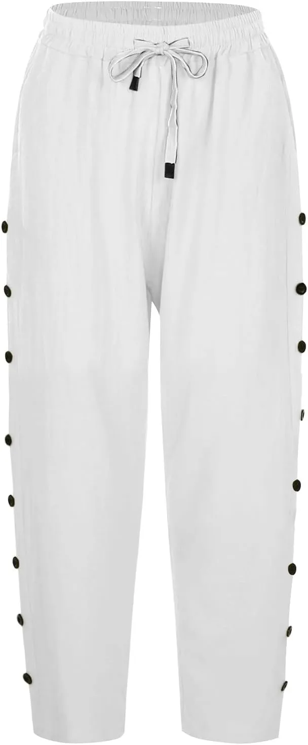 Capri Linen Pants for Women Drawstring Capri Pants with Pockets Wide Leg Cropped Pants for Capri Linen Pants for