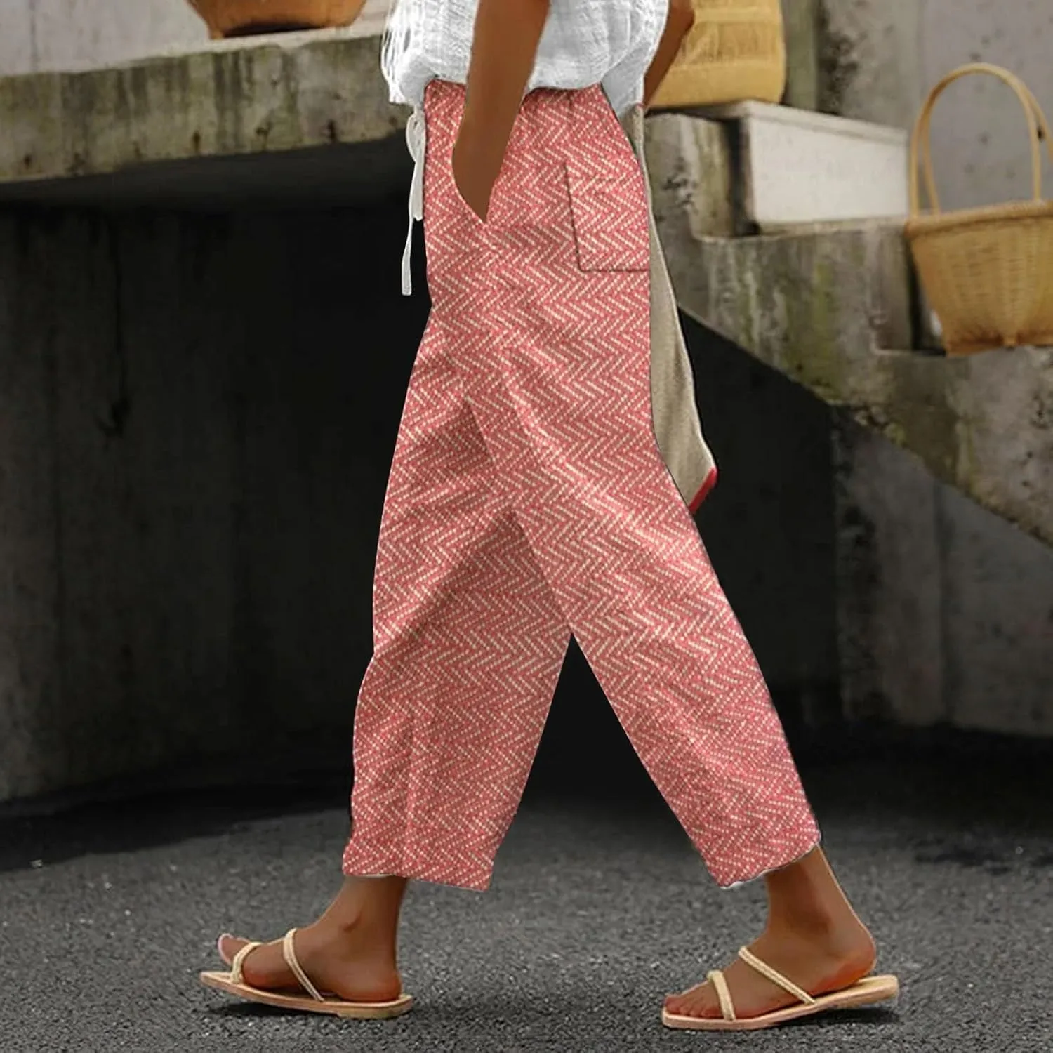 Capri Linen Pants for Women Drawstring Capri Pants with Pockets Wide Leg Cropped Pants for Women Womens Linen Pants
