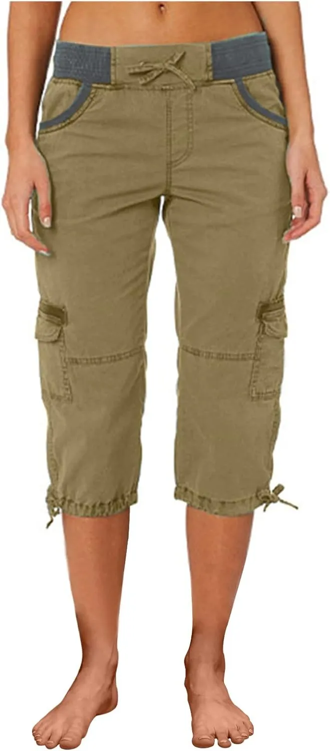 Capri Pants for Women Summer Solid Color High Waist Cargo Pants A-Line Loose Pocket Drying Drawstring Trousers