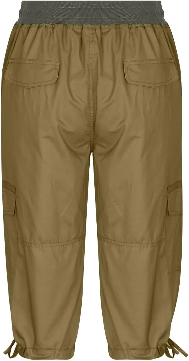 Capri Pants for Women Summer Solid Color High Waist Cargo Pants A-Line Loose Pocket Drying Drawstring Trousers