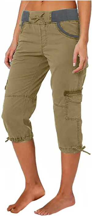 Capri Pants for Women Summer Solid Color High Waist Cargo Pants A-Line Loose Pocket Drying Drawstring Trousers
