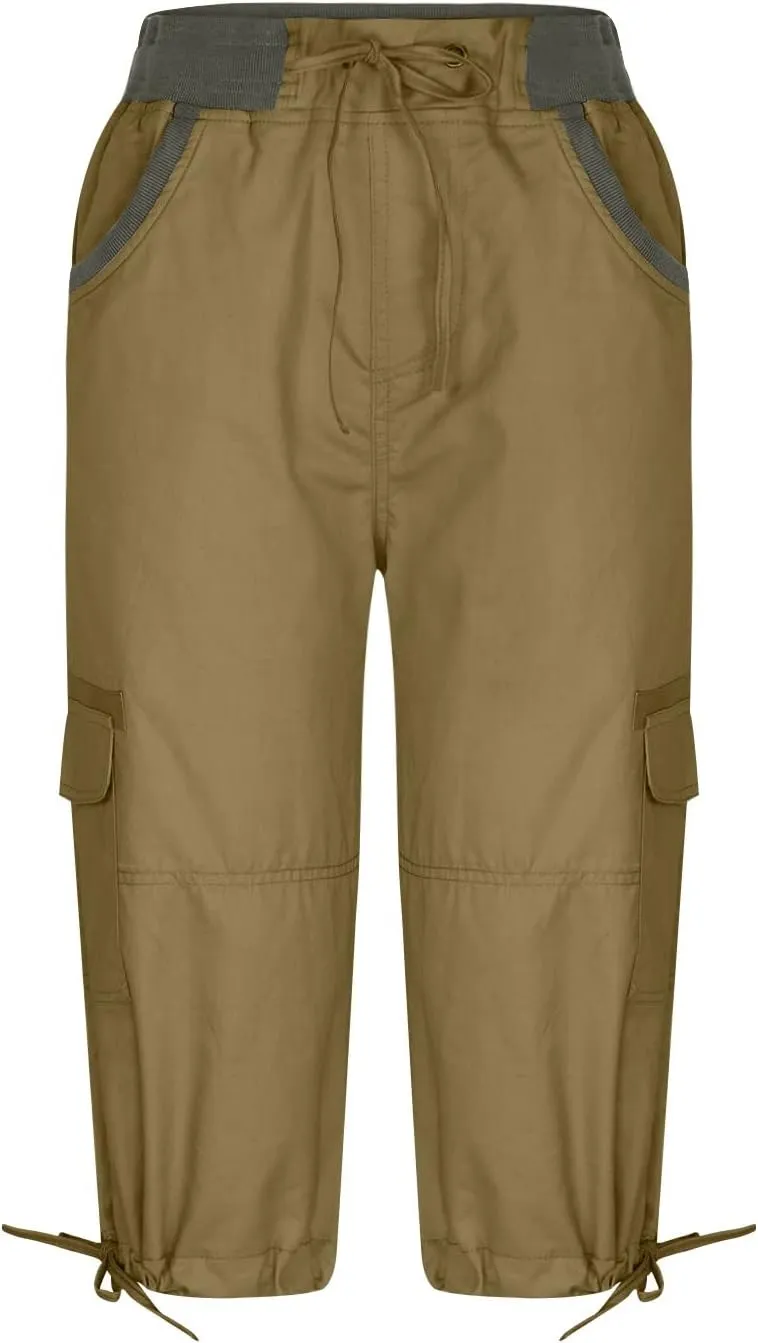 Capri Pants for Women Summer Solid Color High Waist Cargo Pants A-Line Loose Pocket Drying Drawstring Trousers