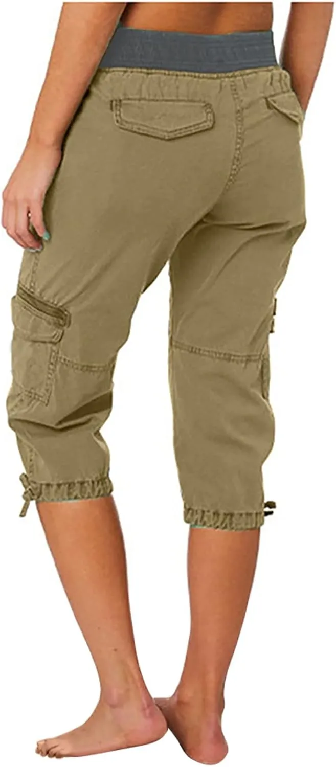 Capri Pants for Women Summer Solid Color High Waist Cargo Pants A-Line Loose Pocket Drying Drawstring Trousers