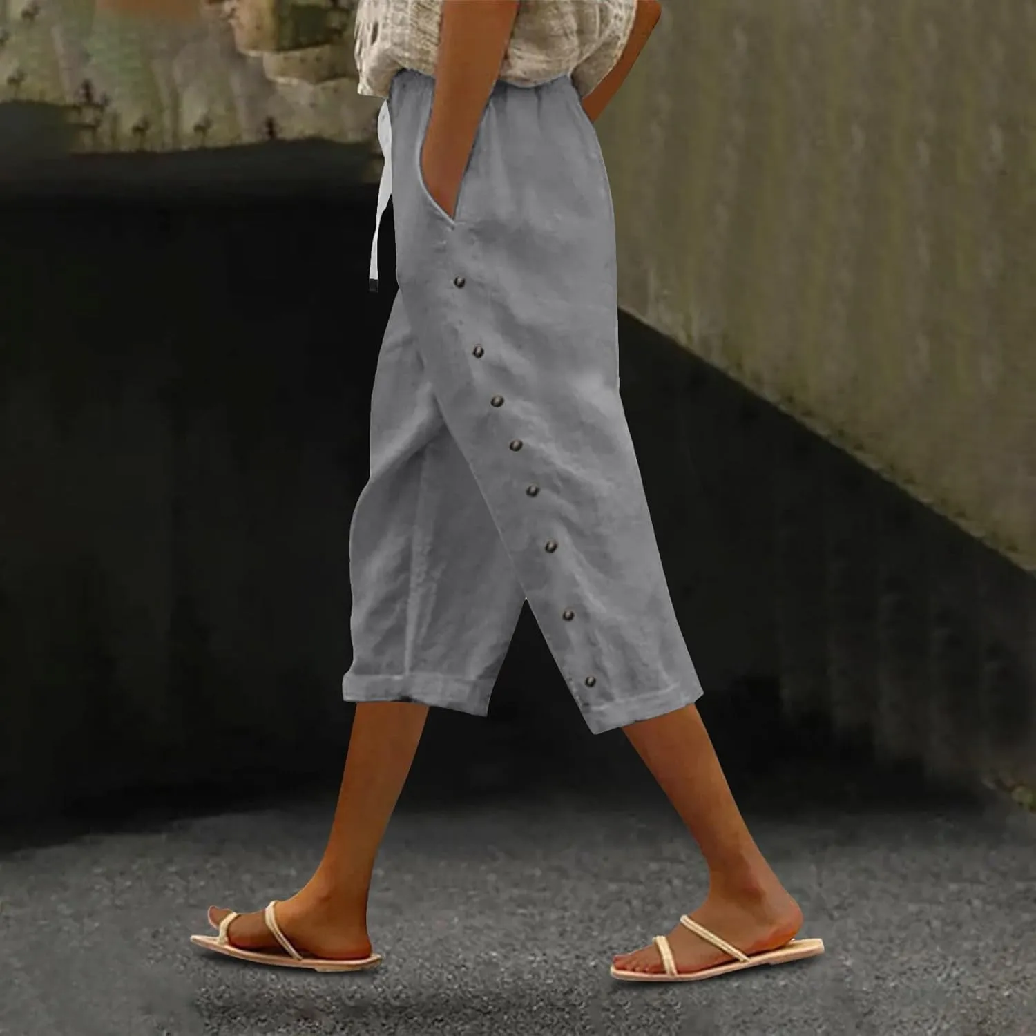 Capris Pants for Women Color Cotton Linen Elastic Seven Pants Beach Casual Pants Linen Casual Slacks Business Pants with