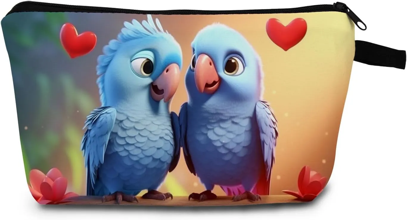 Cartoon Parrot With Heart Makeup Bag for Women Travel Cosmetic Organizer Bag Teacher Appreciation Gifts Small Zipper Toiletry Bag
