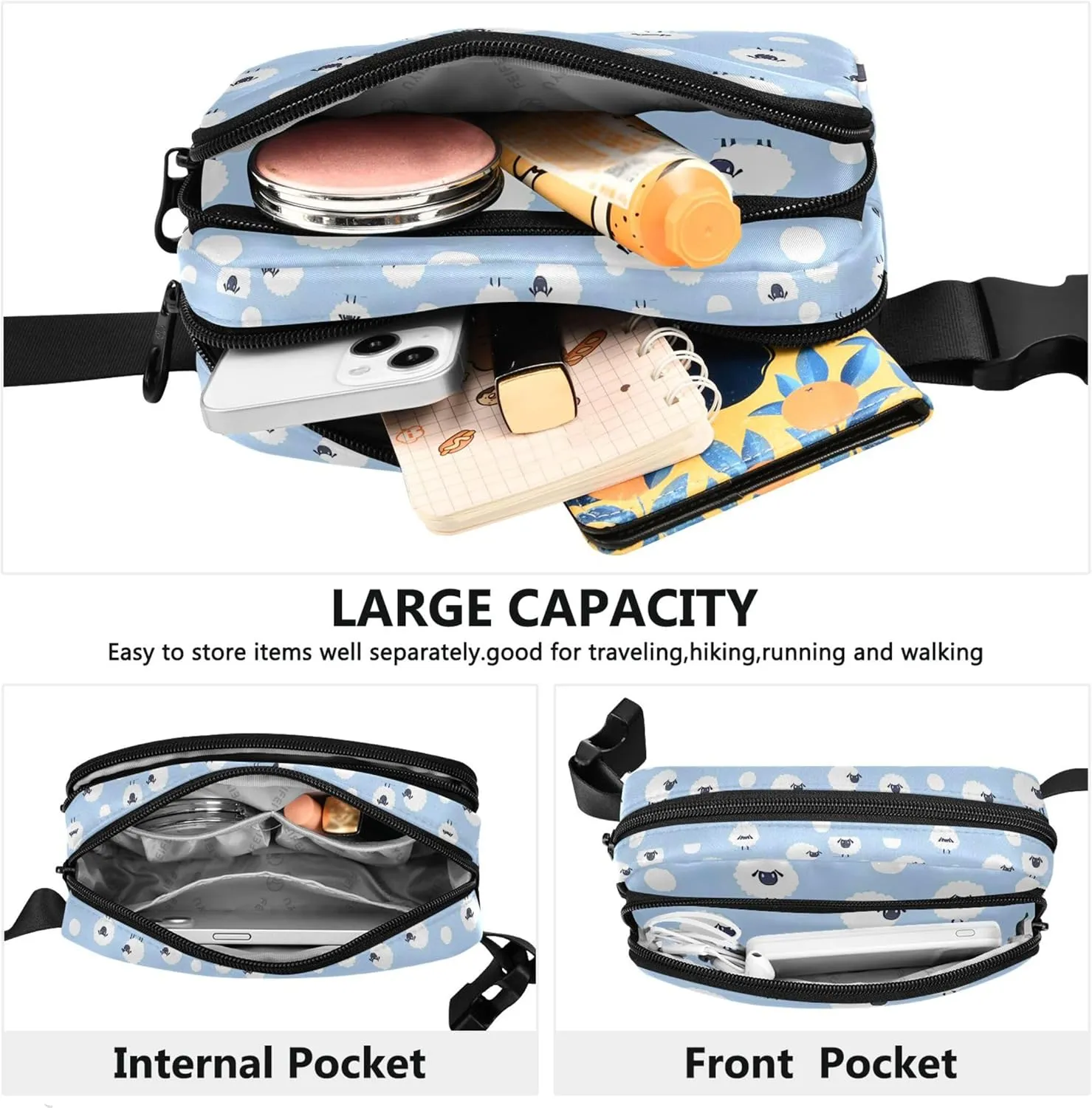 Cartoon Sheep Animals Blue Waterproof Womens Fanny Pack Everywhere Belt Bag Festival Crossbody Waist Pack