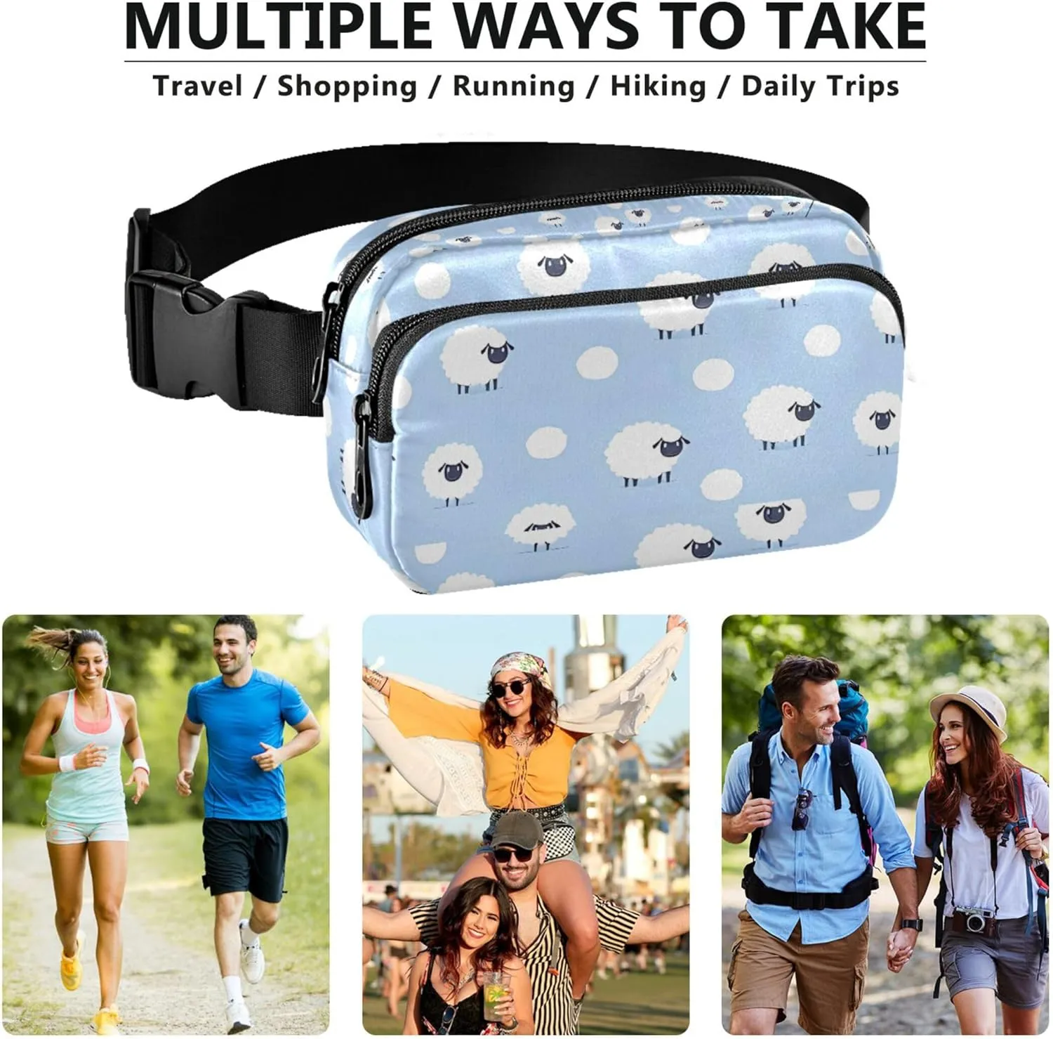 Cartoon Sheep Animals Blue Waterproof Womens Fanny Pack Everywhere Belt Bag Festival Crossbody Waist Pack