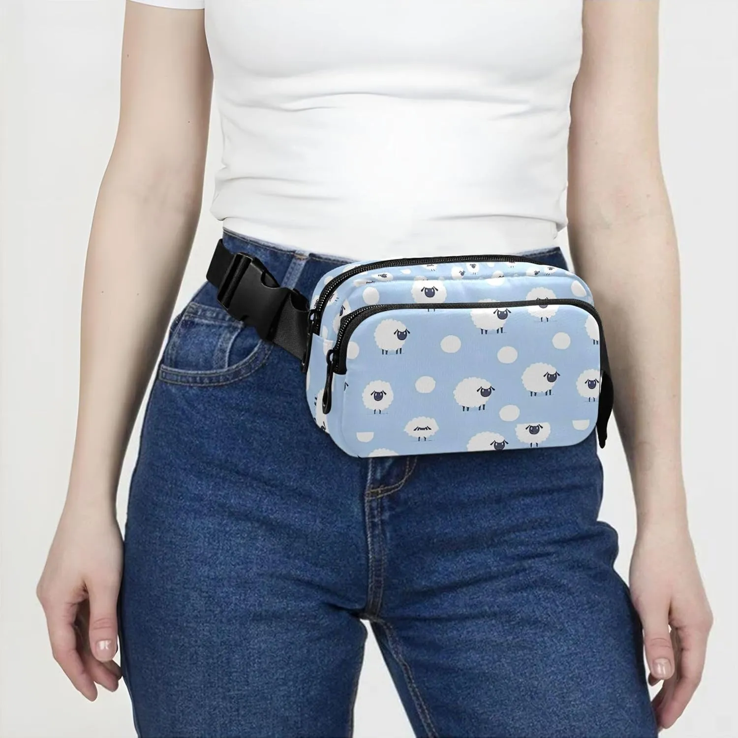 Cartoon Sheep Animals Blue Waterproof Womens Fanny Pack Everywhere Belt Bag Festival Crossbody Waist Pack