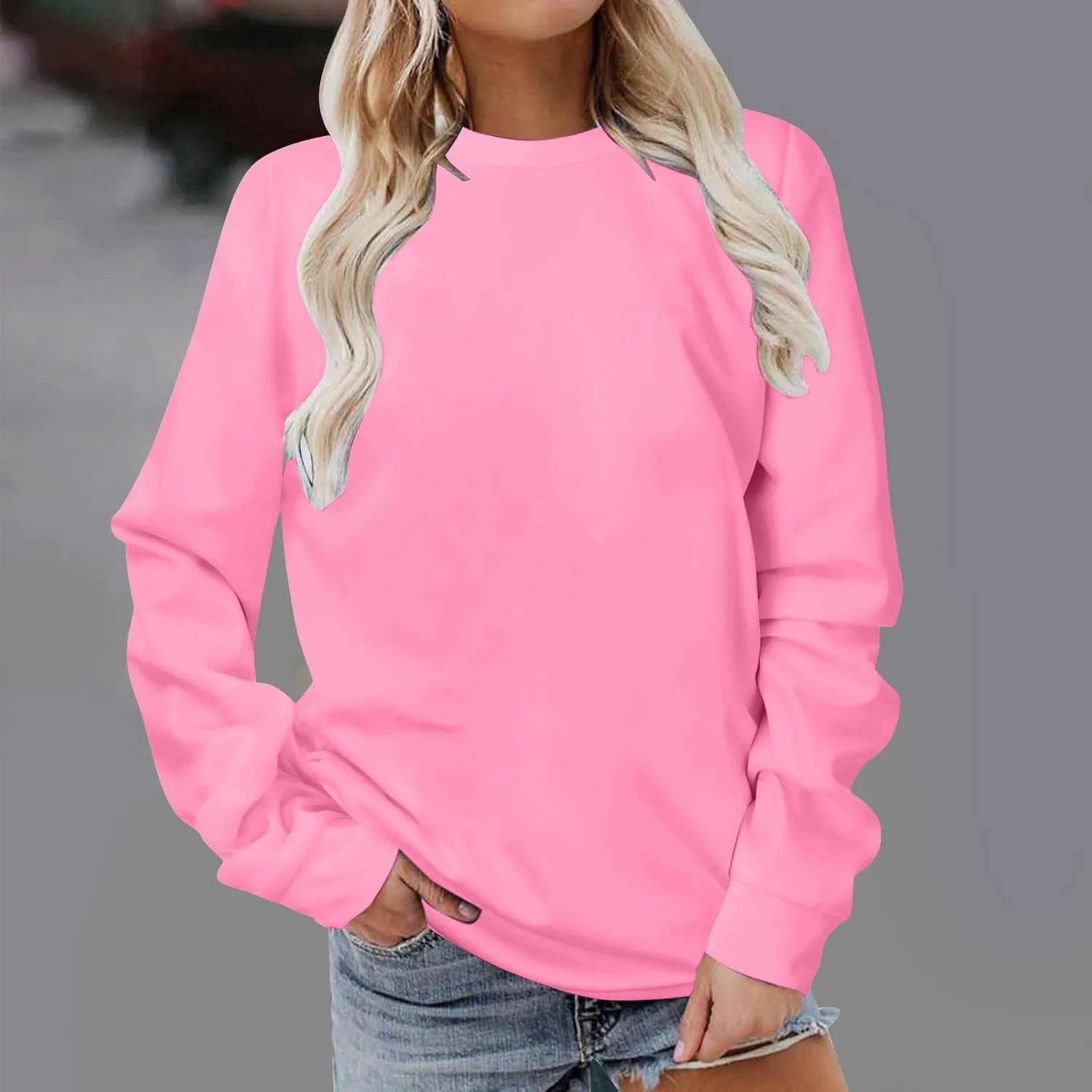 Casual Crewneck Sweatshirt for Women 2025 Spring Fall Tops Plain Color Long Sleeve Sweater Fuzzy Shirts