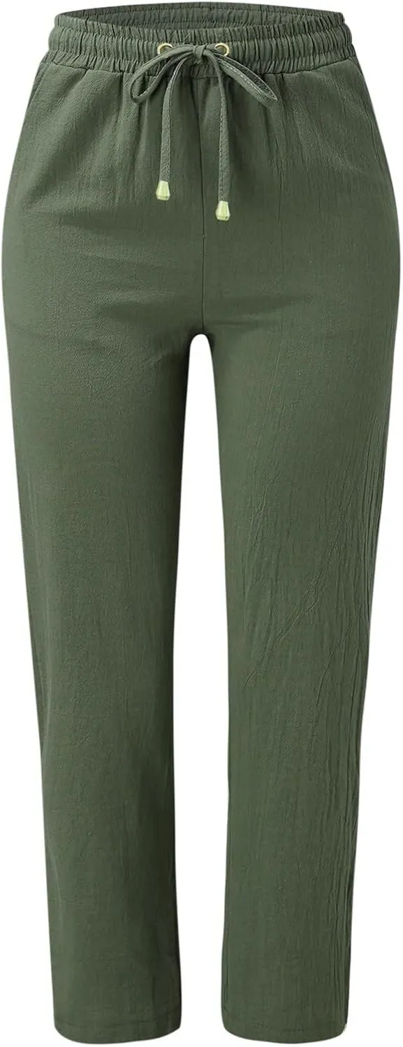 Casual Pants for Women Wide Leg Linen Pants Women Summer Beach Pants Drawstring High Waisted Palazzo Trousers Yoga Pants