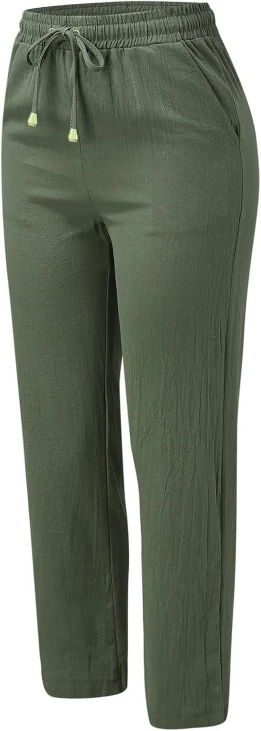 Casual Pants for Women Wide Leg Linen Pants Women Summer Beach Pants Drawstring High Waisted Palazzo Trousers Yoga Pants