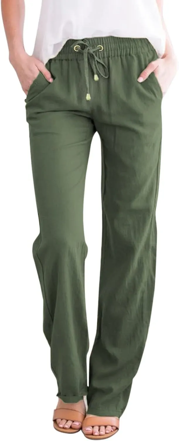 Casual Pants for Women Wide Leg Linen Pants Women Summer Beach Pants Drawstring High Waisted Palazzo Trousers Yoga Pants