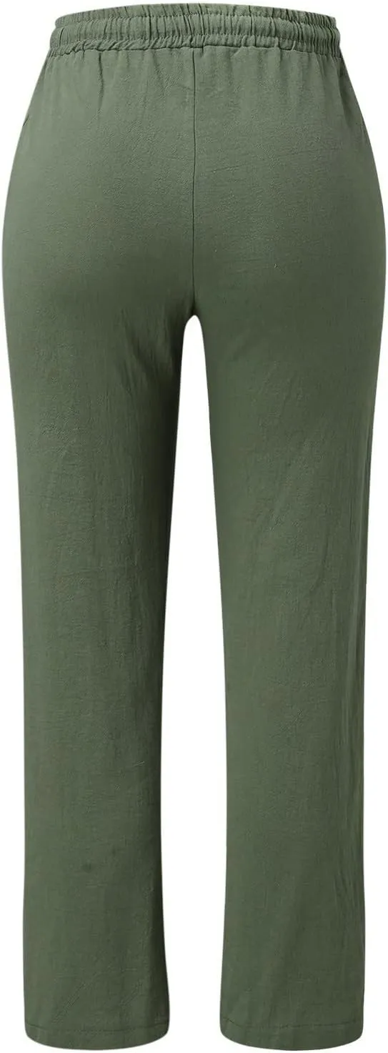 Casual Pants for Women Wide Leg Linen Pants Women Summer Beach Pants Drawstring High Waisted Palazzo Trousers Yoga Pants