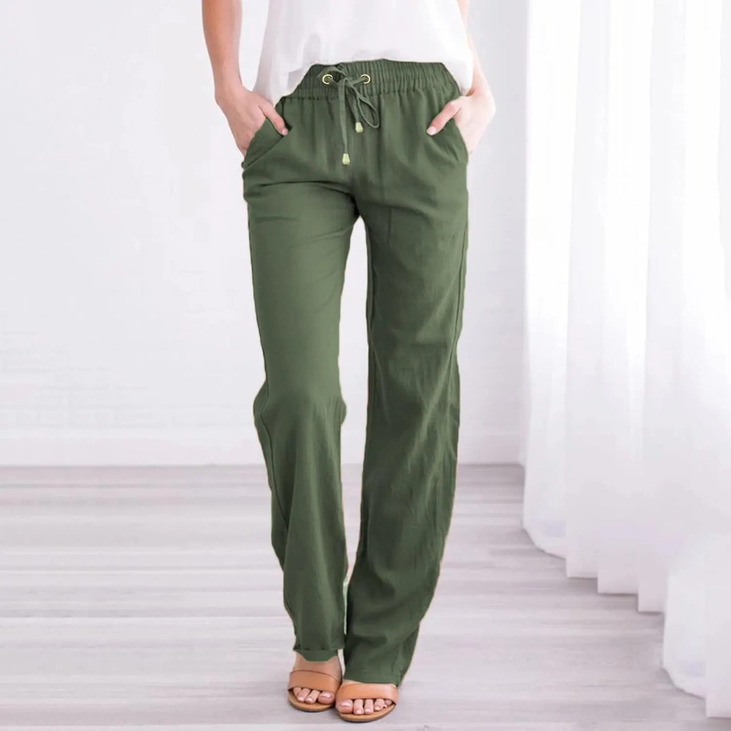 Casual Pants for Women Wide Leg Linen Pants Women Summer Beach Pants Drawstring High Waisted Palazzo Trousers Yoga Pants